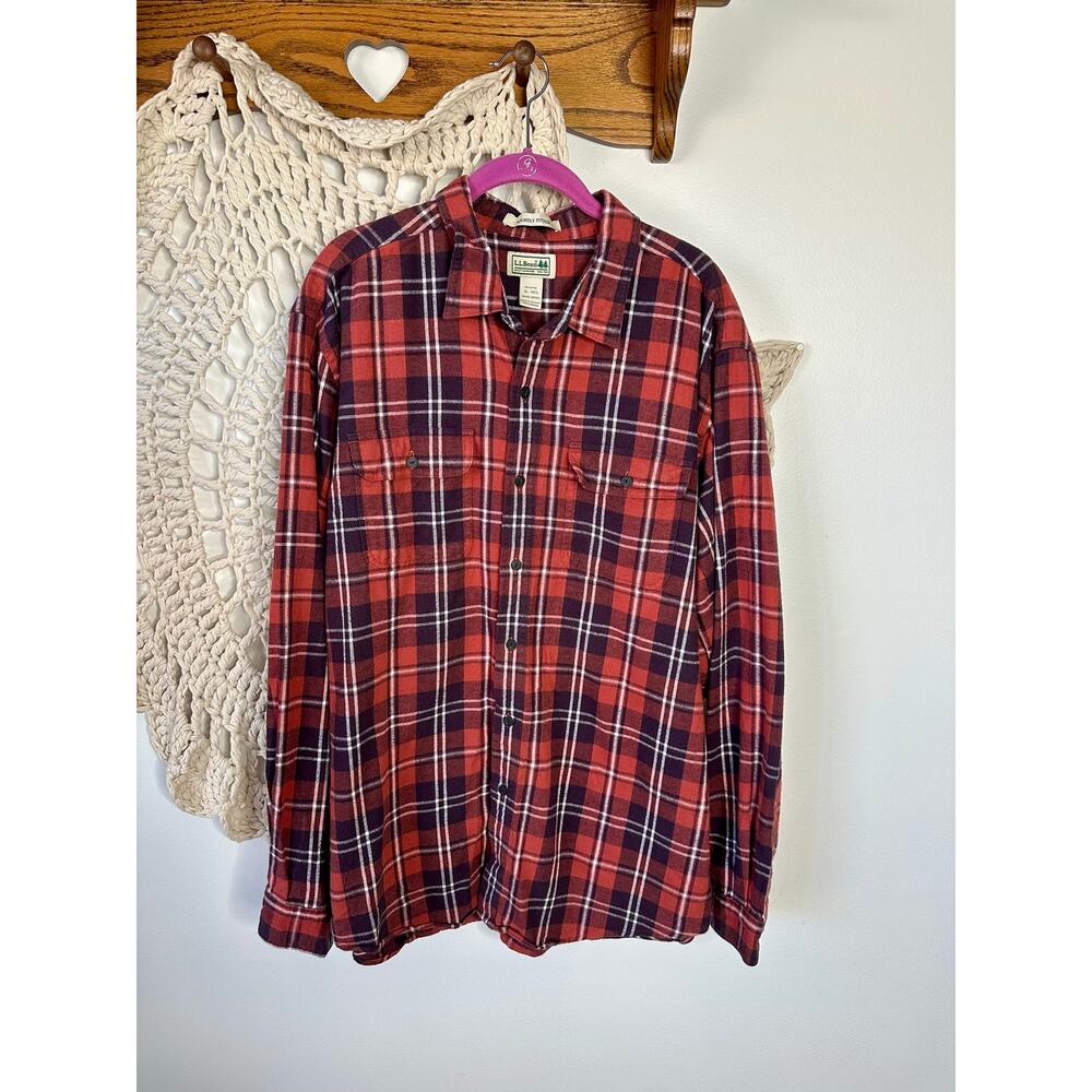 L.L.Bean Red Cotton Flannel Button Up Shirt Size XL
